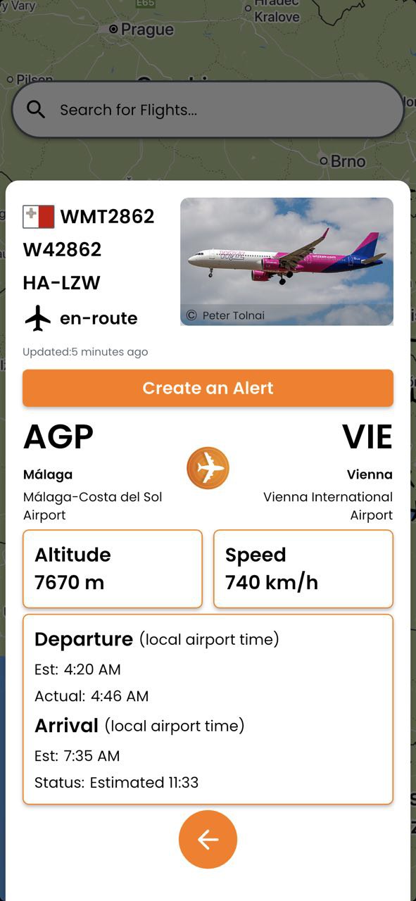 Flight detail view with route and stats